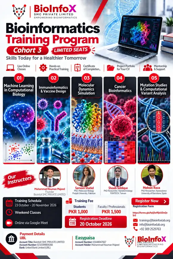 BioInfoX Bioinformatics Training Program, Cohort 3 — official poster: modules, instructors, fee and registration details