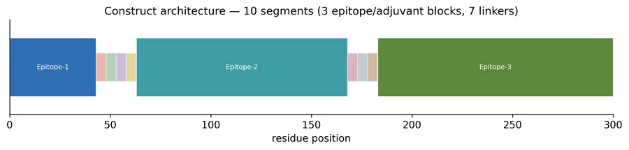Bar diagram of the construct along residues 1 to 300, showing three epitope blocks separated by short linker segments